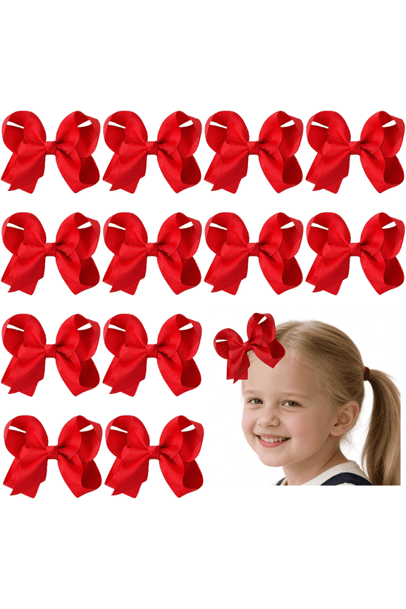 12pcs 3inch Red Ribbon Hair Bows for Girls Daily Party School Hairstyling
