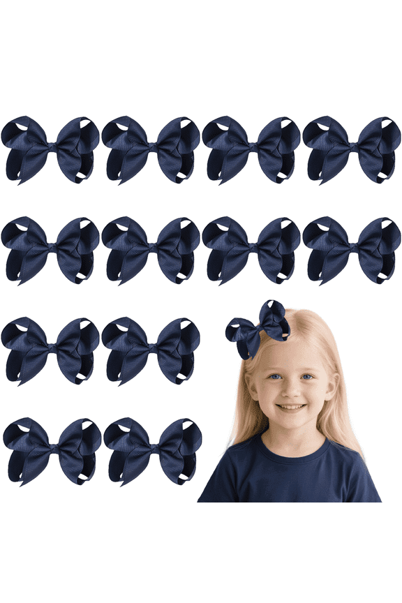 12pcs 4.5in Navy Ribbon Hair Bows with Clips for Girls Daily Party School Hairstyling