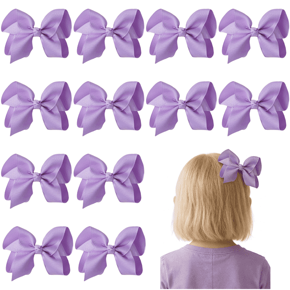 JoyBowie 12pcs 4.5in Solid Lavender Ribbon Hair Bows Voluminous Design Clips