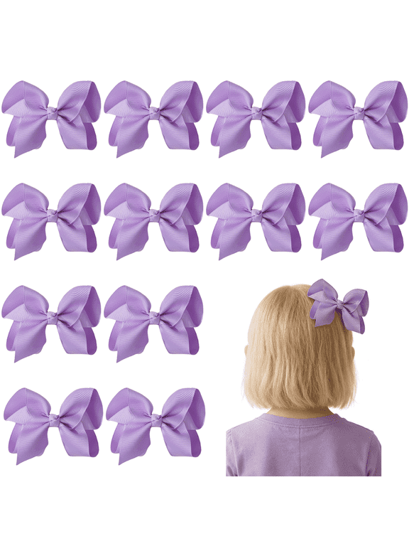 12pcs 4.5in Solid Lavender Ribbon Hair Bows Voluminous Design Clips