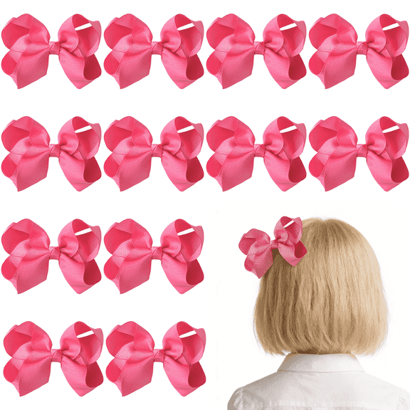 JoyBowie 12pcs 4.5in Solid Pink Ribbon Hair Bows Voluminous Design Clips
