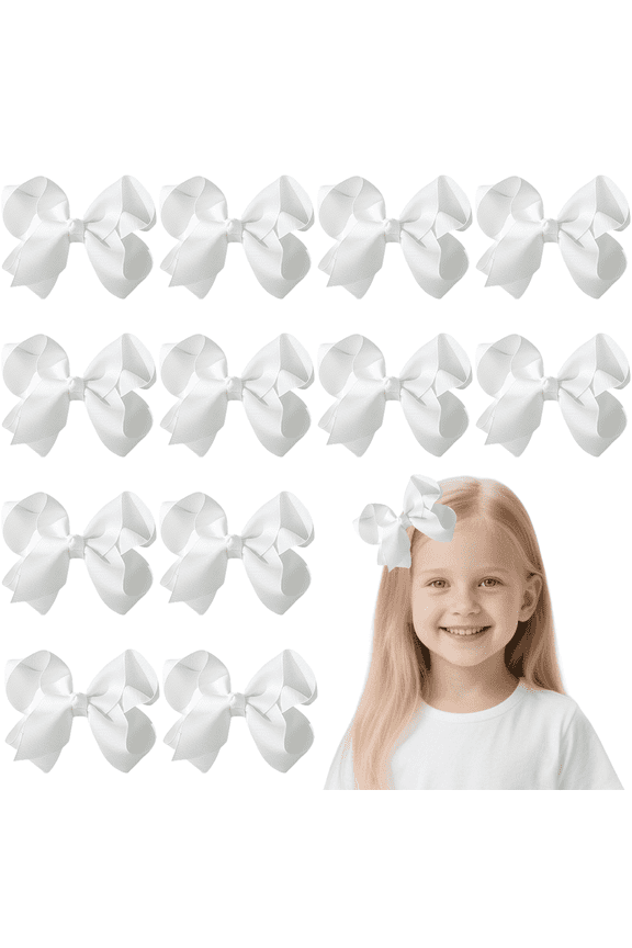 12pcs 4.5in White Ribbon Hair Bows with Clips for Girls Daily Party School Hairstyling