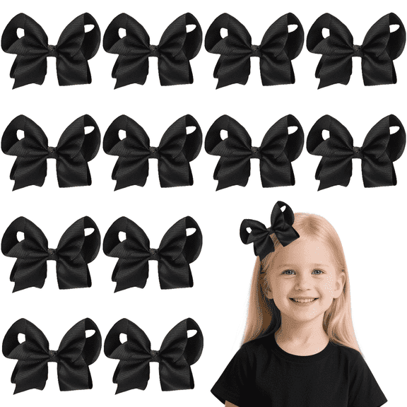 JoyBowie 12pcs 4.5inch Black Ribbon Hair Bows for Girls Daily Party School Hairstyling