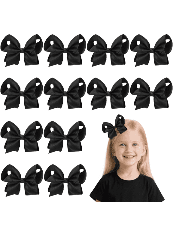 12pcs 4.5inch Black Ribbon Hair Bows for Girls Daily Party School Hairstyling