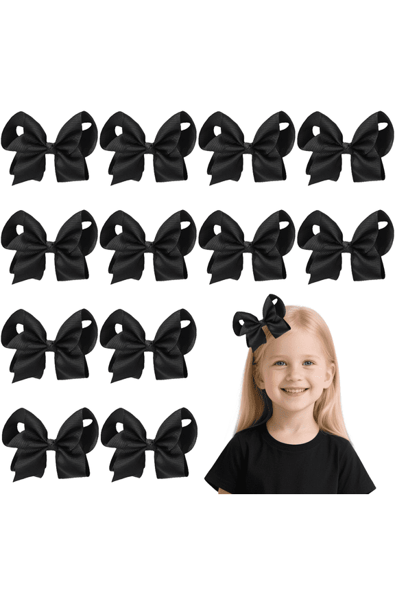 12pcs 4.5inch Black Ribbon Hair Bows for Girls Daily Party School Hairstyling