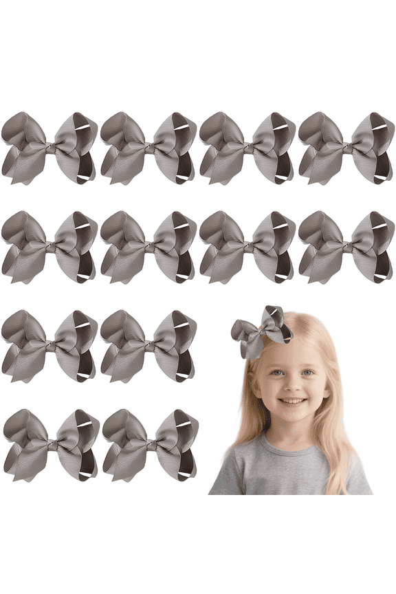 12pcs 4.5inch Gray Ribbon Hair Bows for Girls Daily Party School Hairstyling
