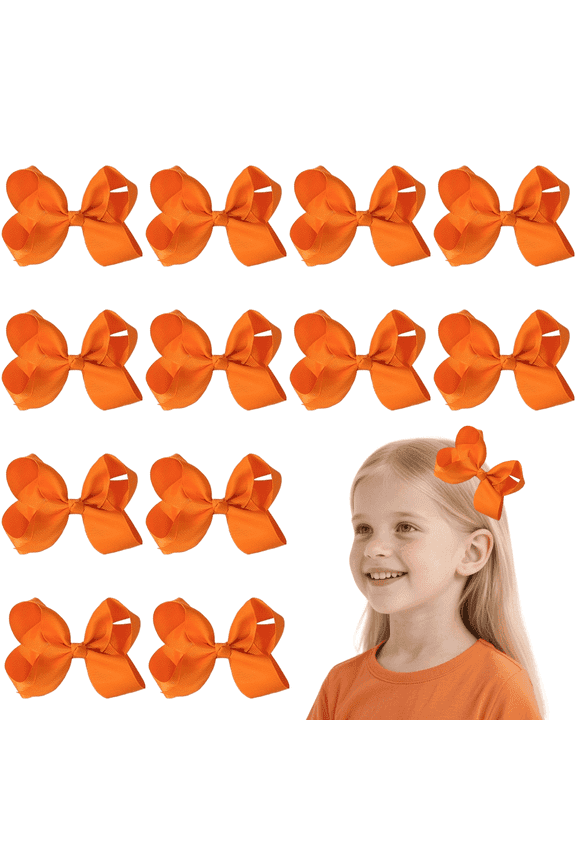 12pcs 4.5inch Orange Ribbon Hair Bows for Girls Daily Party School Hairstyling