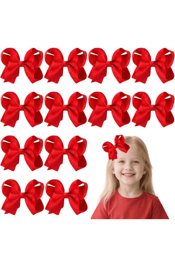 12pcs 4.5inch Red Ribbon Hair Bows for Girls Daily Party School Hairstyling bows for gifts