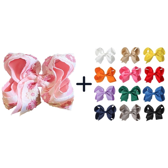 JoyBowie 13-Piece Girls' Hair Accessory Set: 12 Solid-Color Bows + 1 Large Hair Ornament — Perfect for Casual Daily Wear