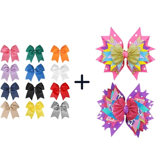 JoyBowie 14 Pcs 7 Inch Glitter Layered Hair Bows, Solid & Decorative Alligator Clips for Girls