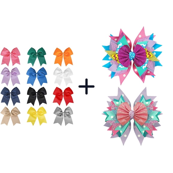 JoyBowie 14 Pcs 7 Inch Glitter Multi-Layer Hair Bows, Solid & Decorative Alligator Clips for Girls