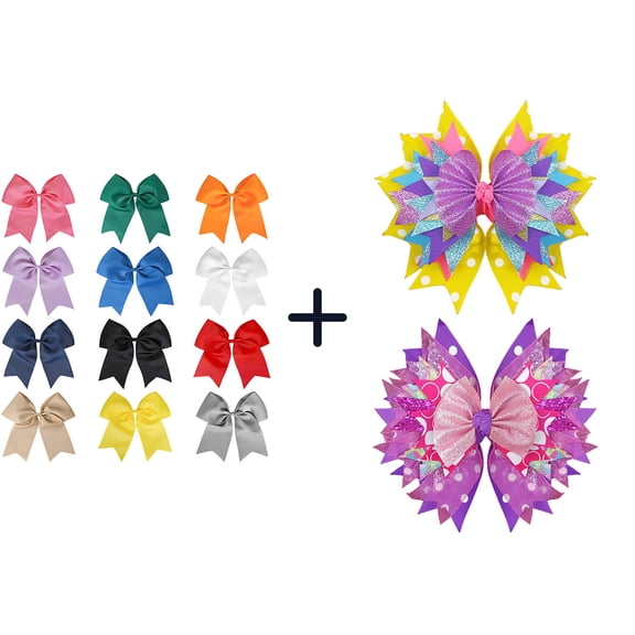 JoyBowie 14 Pcs 7 Inch Glitter Multi-Layer Hair Bows, Solid & Decorative Alligator Clips for Girls