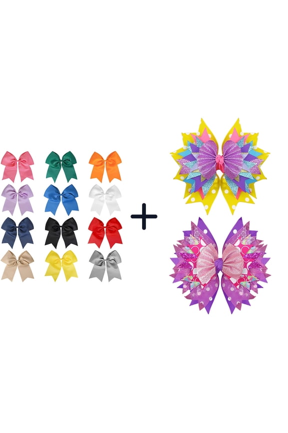 14 Pcs 7 Inch Glitter Multi-Layer Hair Bows, Solid & Decorative Alligator Clips for Girls