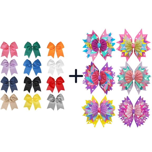 JoyBowie 18 Pcs 7 Inch Layered Hair Bows, Glitter & Solid Alligator Clips for Girls