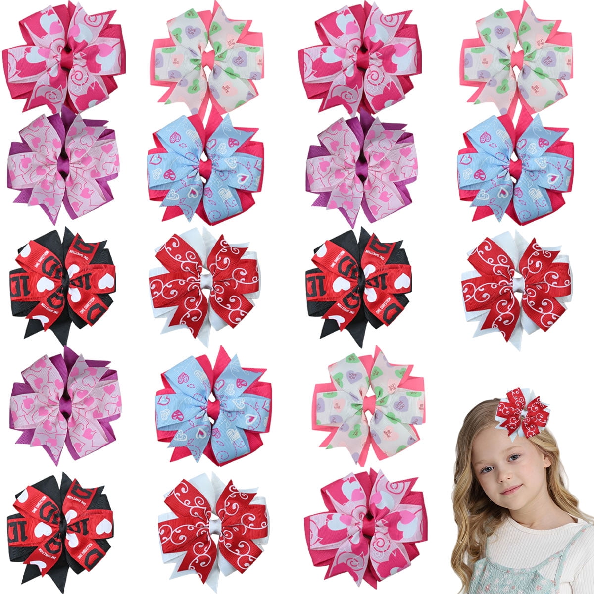 JoyBowie 18Pcs 4 Inch Valentine's Day Heart Print Cheer Bows with Alligator Clips for Girls Teens