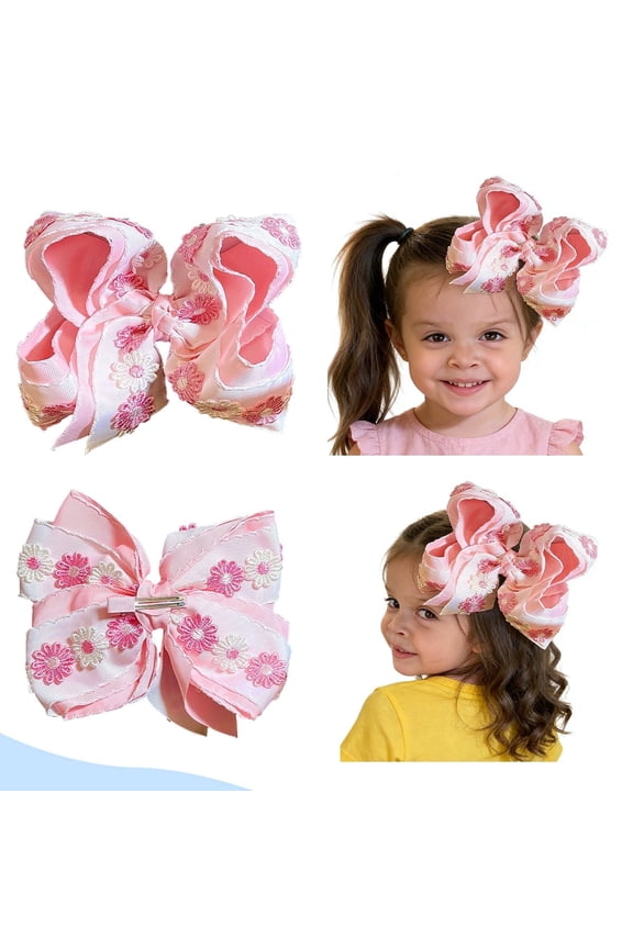Floral Embroidered 7.5 inch Satin Hair Bows, 1 pc 5.5 inch Clips with Safe Edge Design for Girls 3-10 Years, Daily & Party Hairstyles