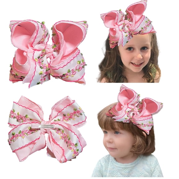 JoyBowie 1pcs 7.5inch Pink Floral Embroidered Hair Bow Cute Hair Accessory for Girls Suitable for Party Daily Styling