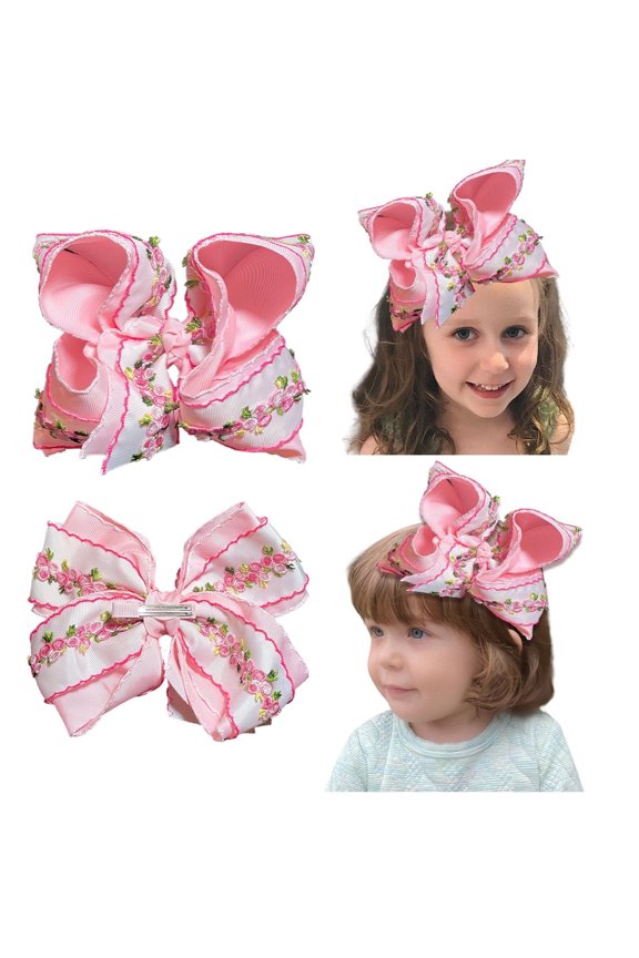1pcs 7.5inch Pink Floral Embroidered Hair Bow Cute Hair Accessory for Girls Suitable for Party Daily Styling
