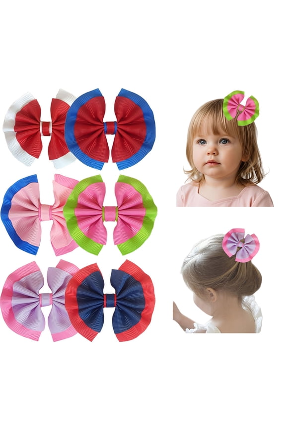 2.8 Inch Double-Layer Ruffled Grosgrain Hair Bows with Alligator Clips, Multicolor, 6 Pack for Girls