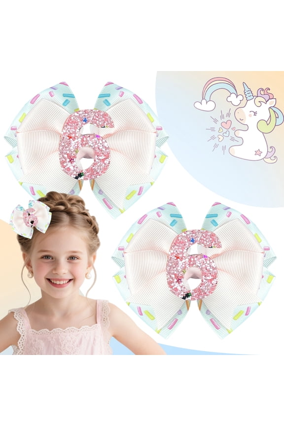 2 Pcs 4 Inch Birthday Hair Bows Number 6 Glitter Design for Toddler Girls Hair Accessories