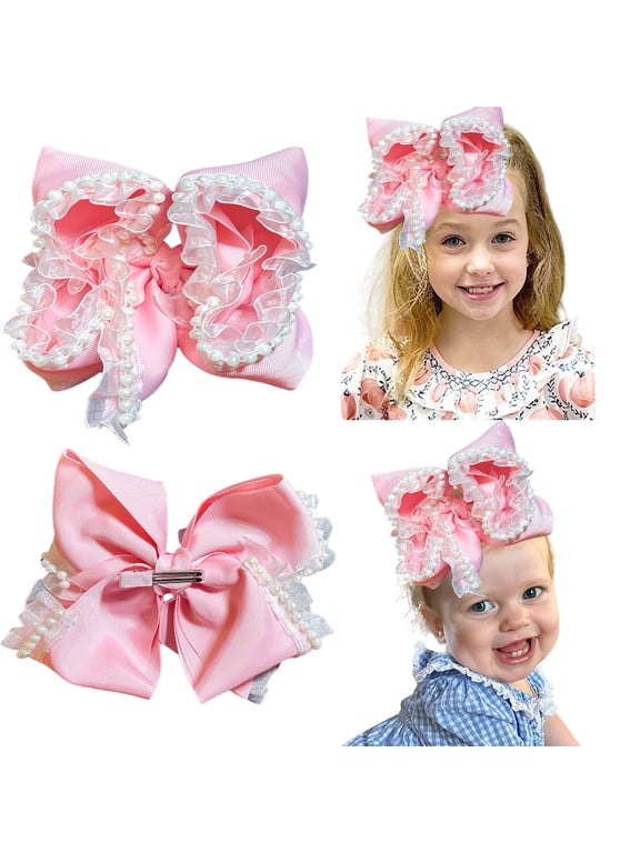 2 Pcs 7.5 Inch Large Hair Bows Pearl and