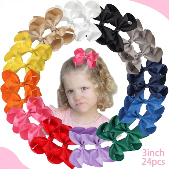 JoyBowie 24 Pcs 3 Inch Small Hair Bows Solid Color Grosgrain Ribbon for Toddler Girls Hair Accessories