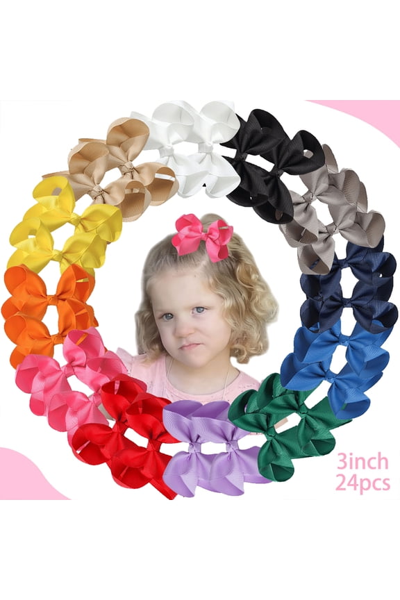 24 Pcs 3 Inch Small Hair Bows Solid Color Grosgrain Ribbon for Toddler Girls Hair Accessories