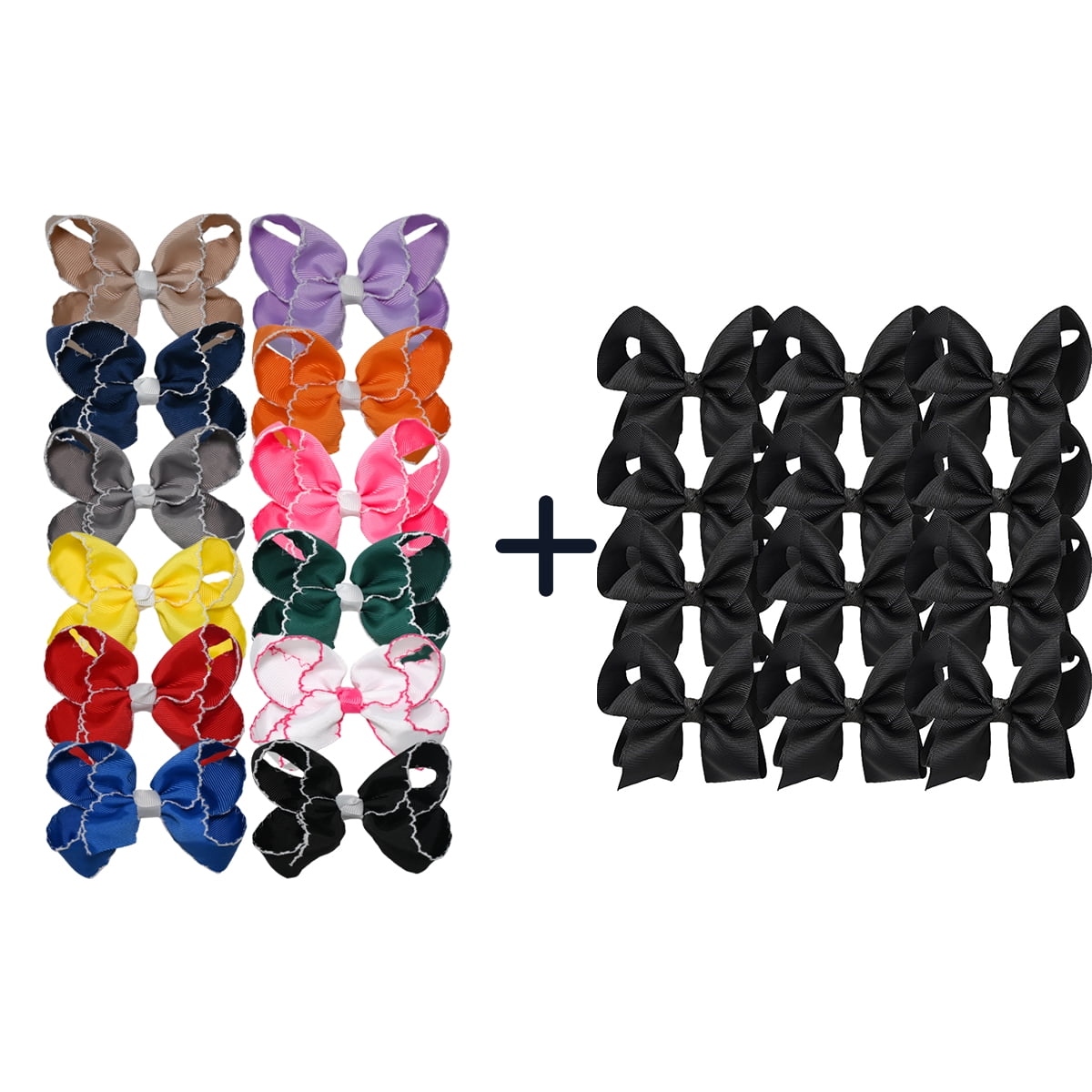 JoyBowie 24Pcs Hair Bows Set, 12Pcs 3In Solid Color & 12Pcs 4.5In Ruffled Edge Bows for Girls