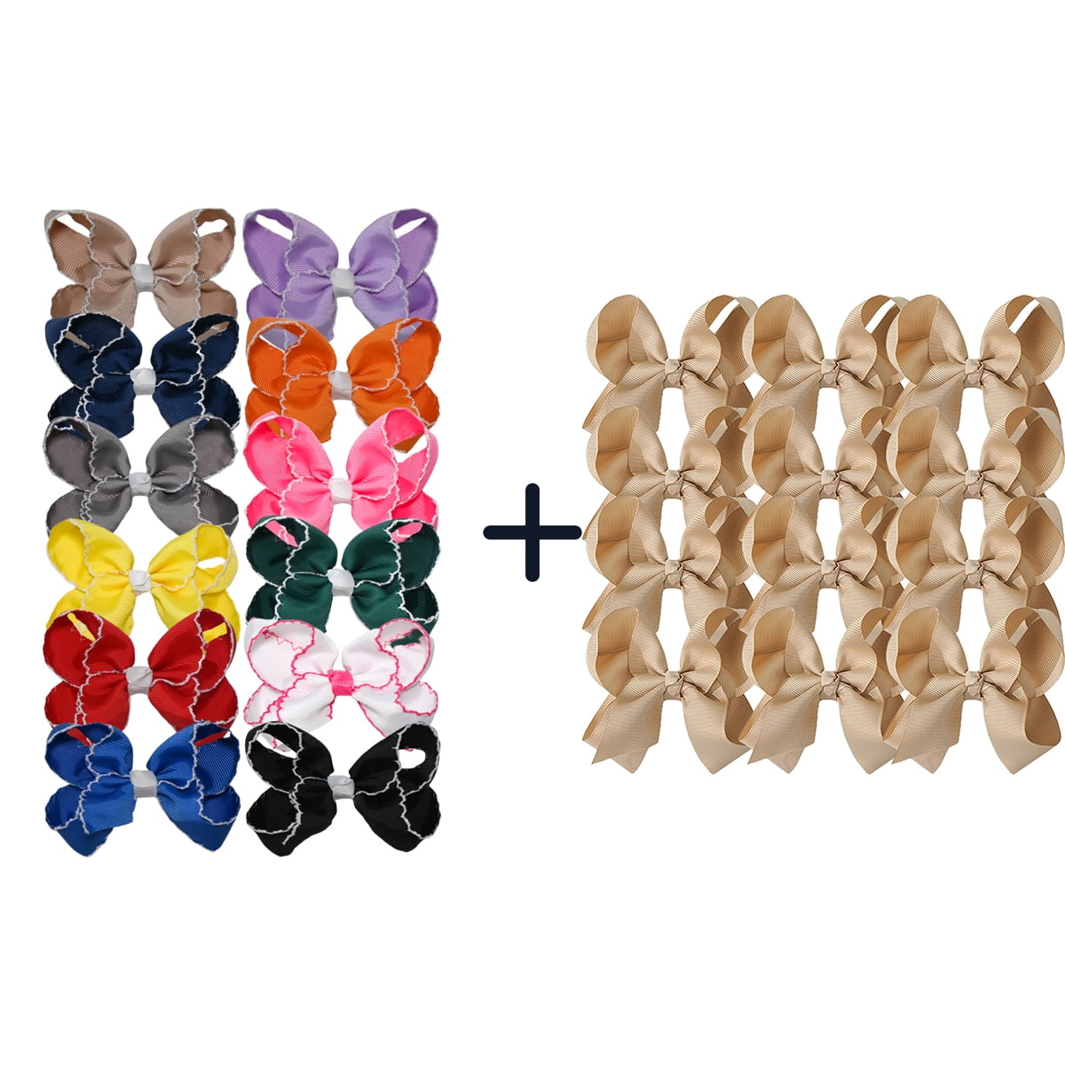 JoyBowie 24Pcs Hair Bows Set, 12x3In Solid Color & 12x4.5In Ruffled Edge Beige Bows for Girls
