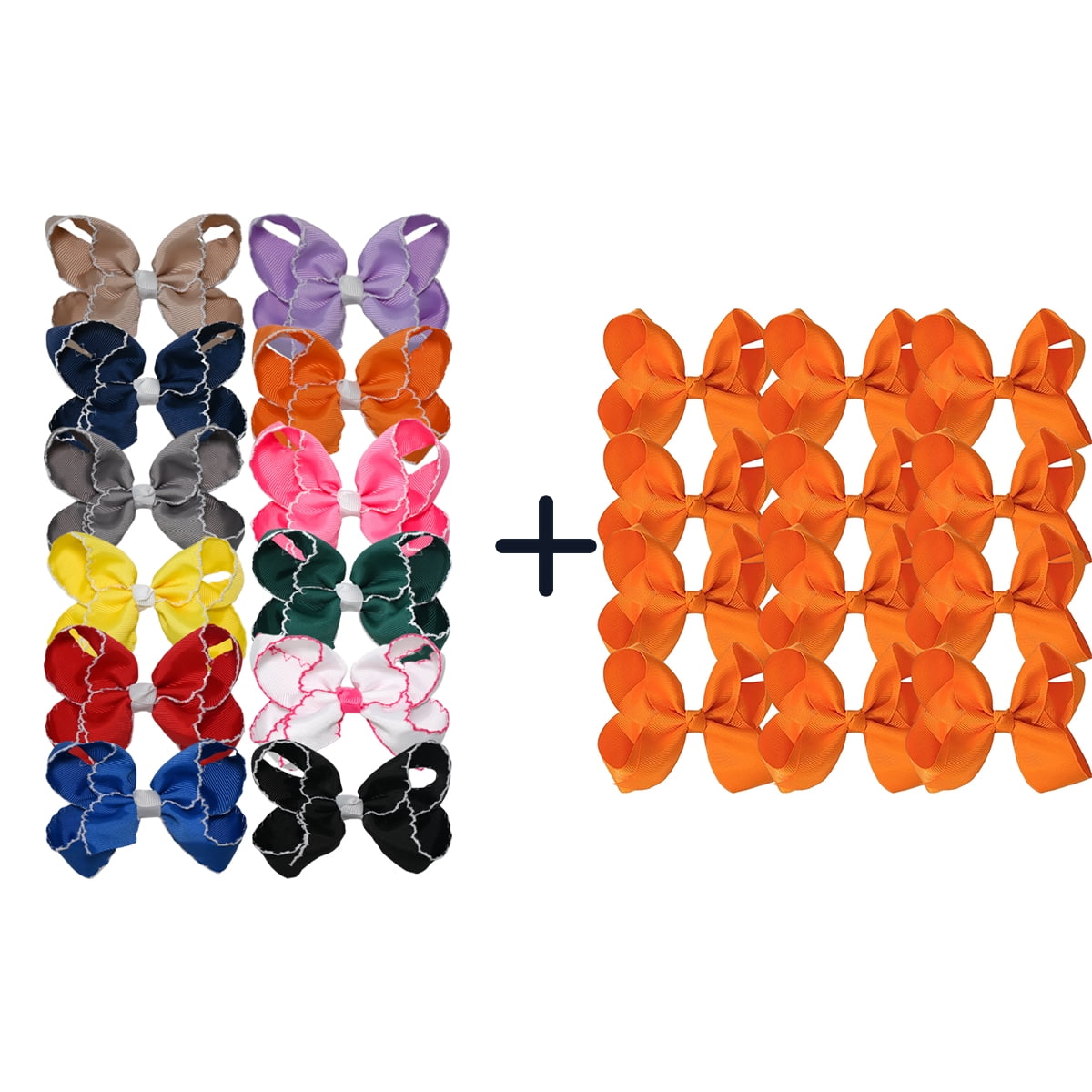 JoyBowie 24Pcs Hair Bows Set, 12x3In Solid Color & 12x4.5In Ruffled Edge Orange Bows for Girls