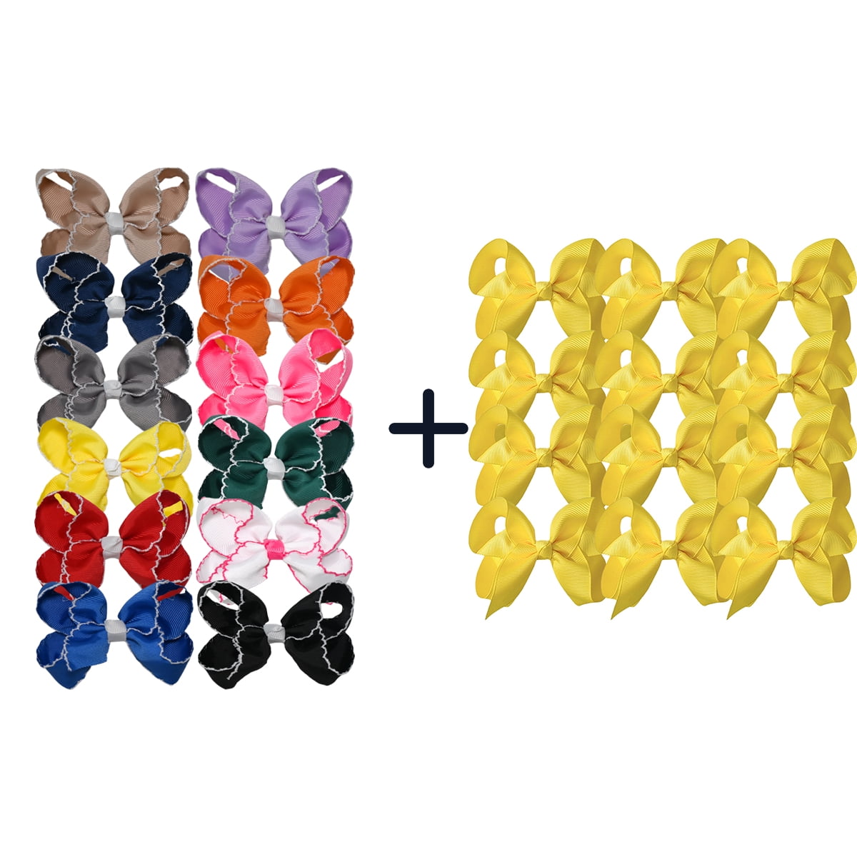 JoyBowie 24Pcs Hair Bows Set, 12x3In Solid Color & 12x4.5In Ruffled Edge Yellow Bows for Girls