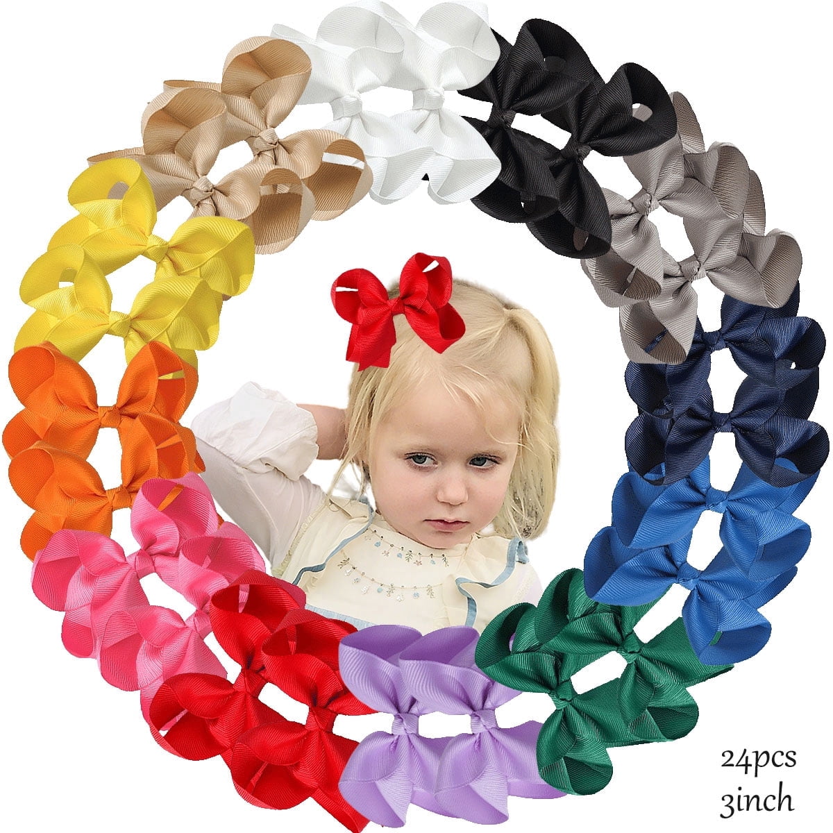 JoyBowie 24pcs 3inch Multi-Color Ribbon Hair Bows for Girls Daily Party School Hairstyling