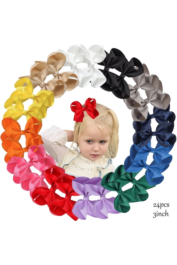 24pcs 3inch Multi-Color Ribbon Hair Bows for Girls Daily Party School Hairstyling