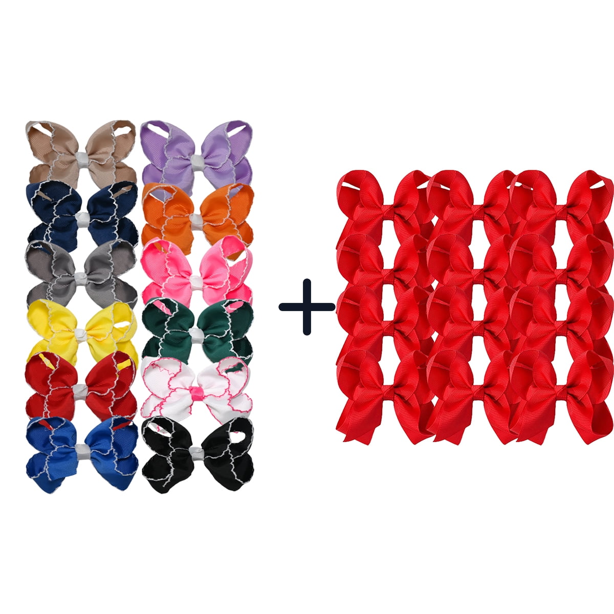 JoyBowie 2Pcs Hair Bows Set, 12Pcs 3In Solid Color & 12Pcs 4.5In Ruffled Edge Red Bows for Girls