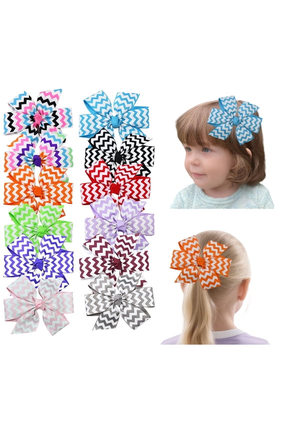 3.5 Inch Chevron-Print Grosgrain Hair Bows with Alligator Clips, Multicolor, 12 Pack for Girls