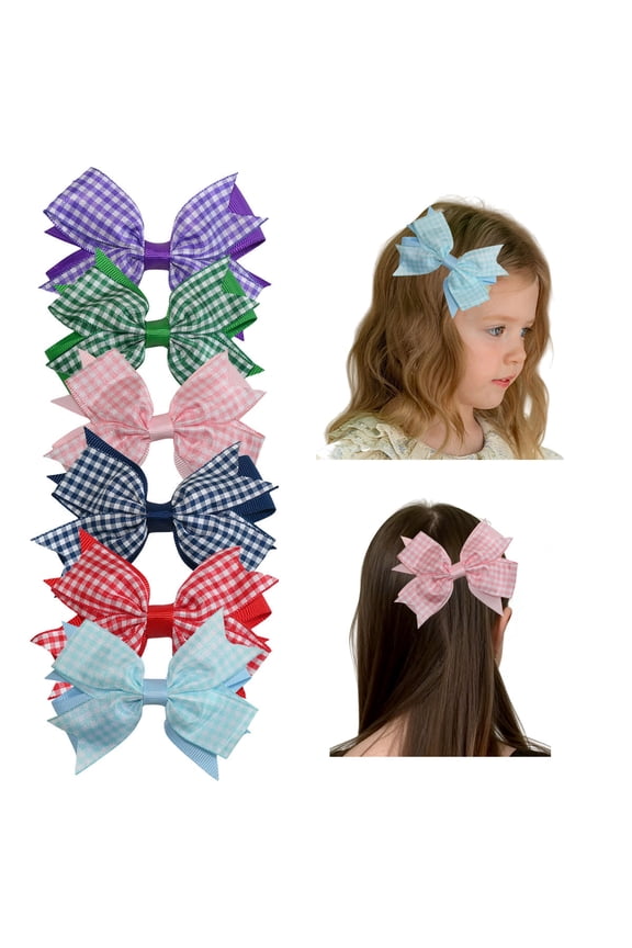 3.7 Inch Gingham Double-Layer Grosgrain Hair Bows with Alligator Clips, Multicolor, 6 Pack for Girls