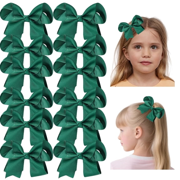 JoyBowie 3 Inch Grosgrain Ribbon Hair Bows with Alligator Clips, Dark Green, 12 Pack for Girls