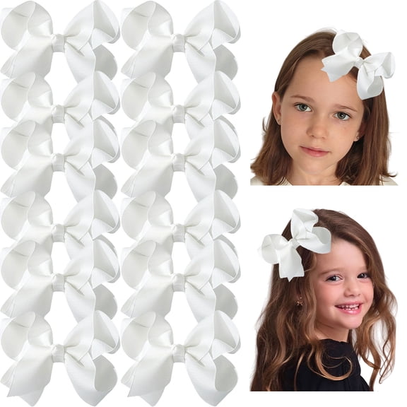 JoyBowie 4.5 Inch Handmade Grosgrain Hair Bows with Alligator Clips, White, 12 Pack for Girls