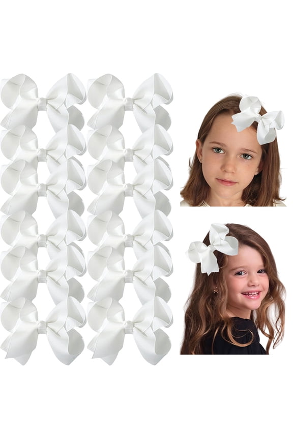 4.5 Inch Handmade Grosgrain Hair Bows with Alligator Clips, White, 12 Pack for Girls
