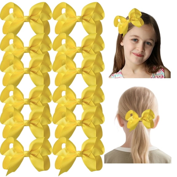 JoyBowie 4.5 Inch Handmade Grosgrain Hair Bows with Alligator Clips, Yellow, 12 Pack for Girls