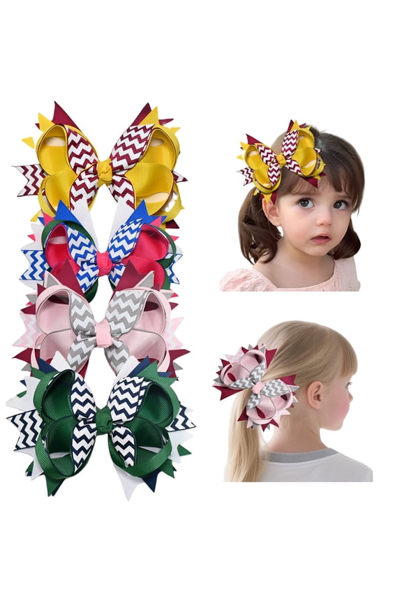 4 Pack 5.5 Inch Large Multilayer Chevron Hair Bows for Girls, Grosgrain Ribbon Bows with Alligator Clips for Cheerleading, Sports, and Daily Wear