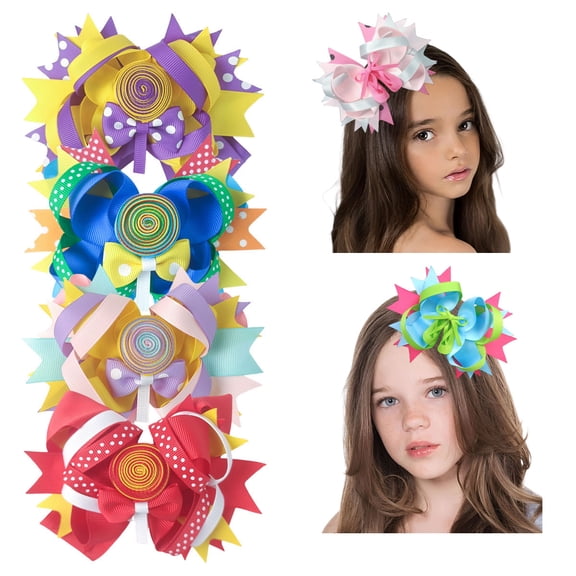 JoyBowie 4 Pack 5 Inch Lollipop Themed Hair Bows, Grosgrain Ribbon Alligator Clips for Girls