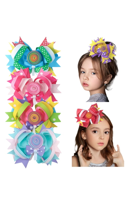 4 Pack 5 Inch Swirl Center Multi-Layered Hair Bows, Colorful Grosgrain Alligator Clips for Girls
