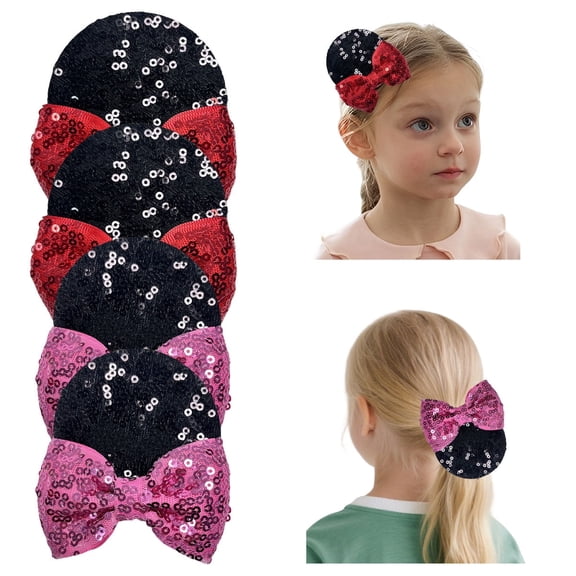 JoyBowie 4 Pack Sequin Mouse Ear Hair Clips, Pink & Red Bow Alligator Clips for Girls