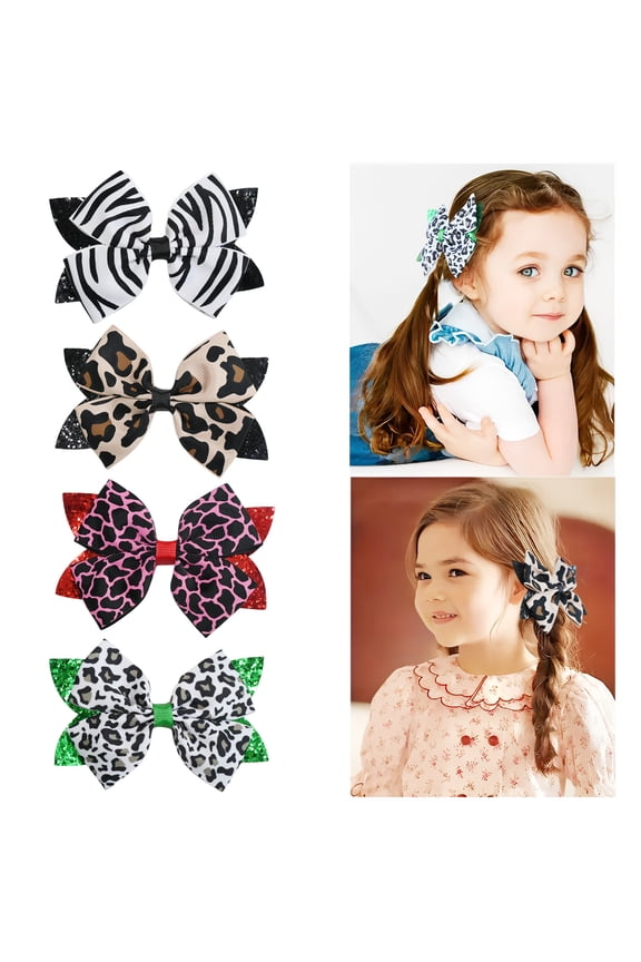 4 Pcs 4.3 Inch Animal Print Hair Bows, Glitter Accent Layered Bow Hair Clips for Girls