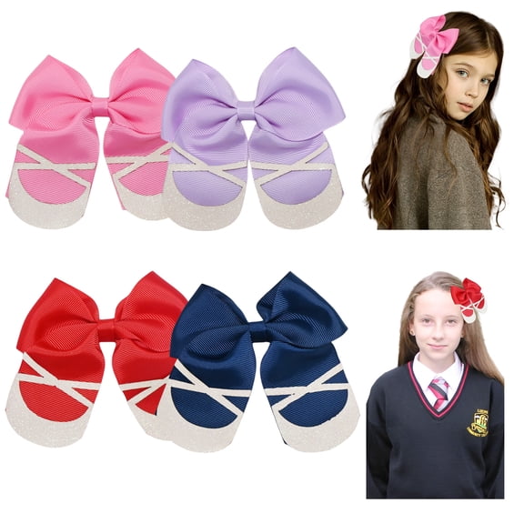 JoyBowie 4 Pcs 4.5 Inch Ballet Shoe Hair Bow Clips, Glitter Grosgrain Ribbon Hair Accessories for Girls
