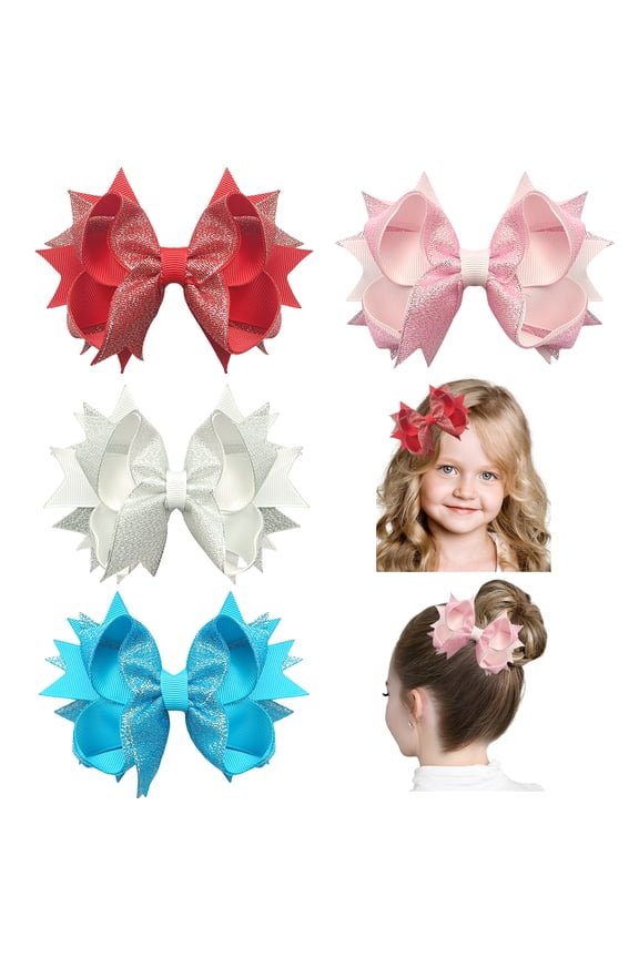 4 Pcs 4.5 Inch Glitter Hair Bows Clips Layered Grosgrain Ribbon Hair Accessories for Girls Toddlers Kids