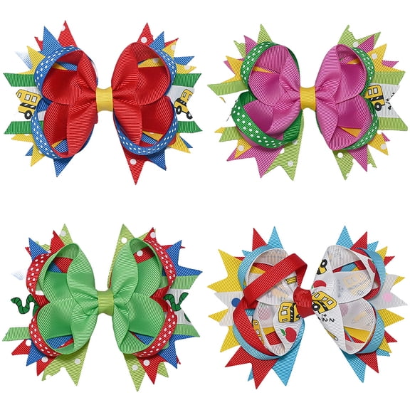 JoyBowie 4 Pcs 4.7 Inch Layered Hair Bows Clips Back to School Grosgrain Ribbon Alligator Clips for Girls Kids Toddlers