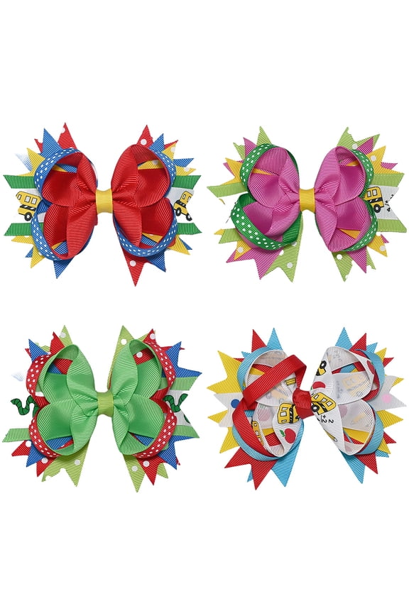 4 Pcs 4.7 Inch Layered Hair Bows Clips Back to School Grosgrain Ribbon Alligator Clips for Girls Kids Toddlers