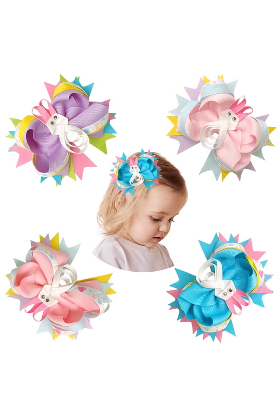4 Pcs 4.9 Inch Easter Bunny Multi-Layer Hair Bow Clips, Pastel Color Hair Accessories for Girls